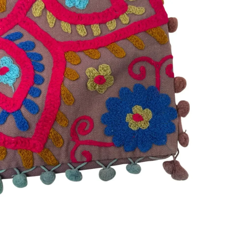 Hand Embroidered‎ Decorative Square Pillow Cover Bohemian Boho Style 15 x 16 in